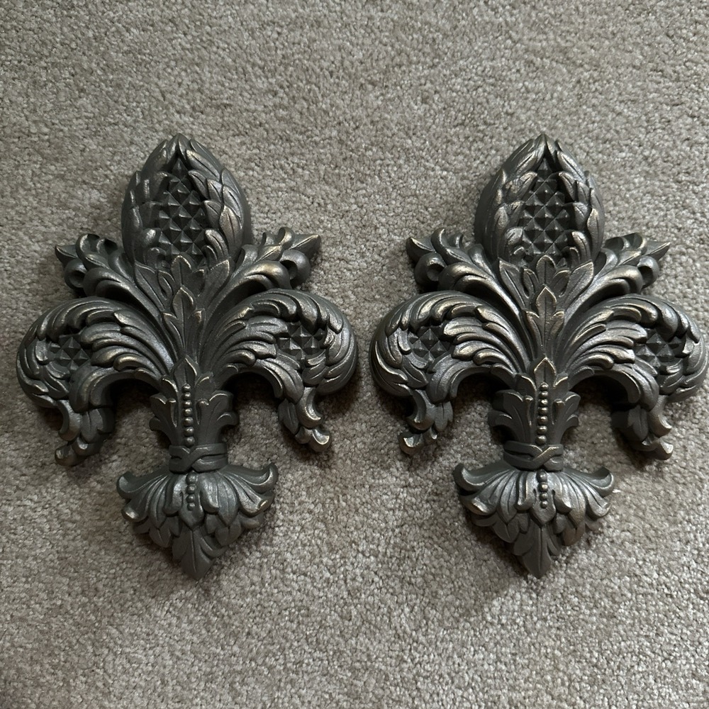 Set of 2 GIA Inc. Fleur De Lis MCM Art Plaques Burnished Pewter Homco